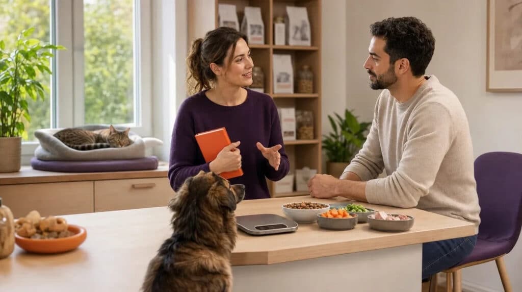 Beraterin erklärt einem Hundehalter Futterrationen, Hund davor, Katze am Fenster im hellen Raum.
