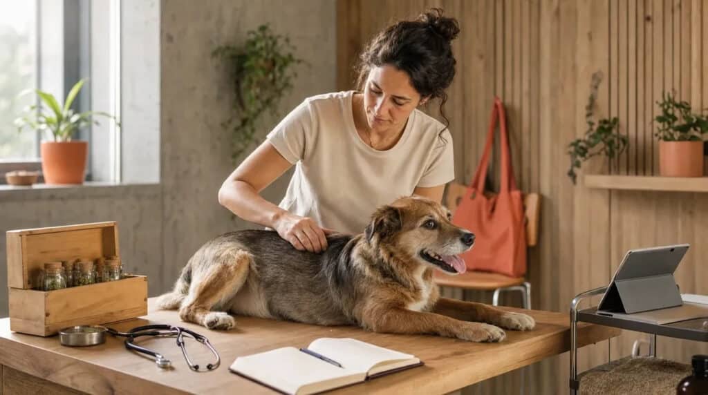 Frau untersucht in heller Tierheilpraxis konzentriert einen ruhigen Hund, daneben Kräutergläser und Notizbuch.