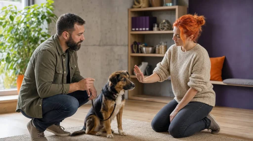 Tierverhaltensberaterin mit orangefarbenen Haaren zeigt einem Hundehalter eine Übung mit seinem Hund.