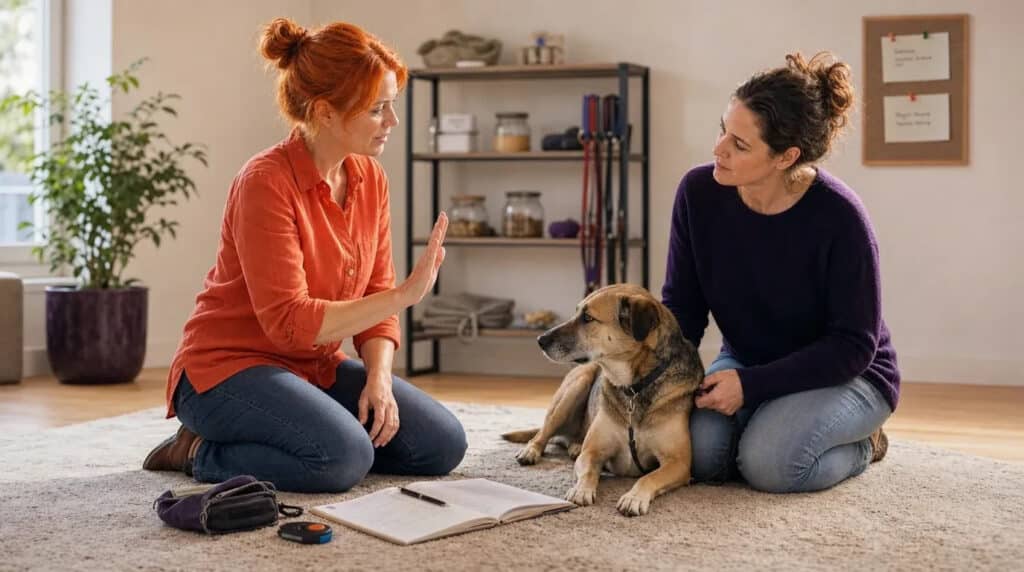 Zwei Frauen knien neben einem ruhigen Hund, eine erklärt ein Handsignal, helle Beratungsräume.