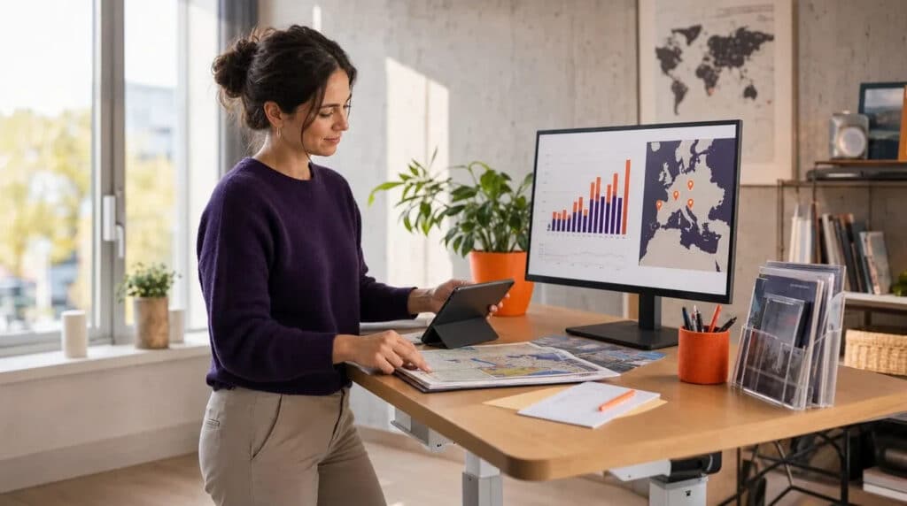Frau am Stehschreibtisch mit Tablet, Monitor zeigt Buchungsdiagramm und Landkarte in Orange und Violett.