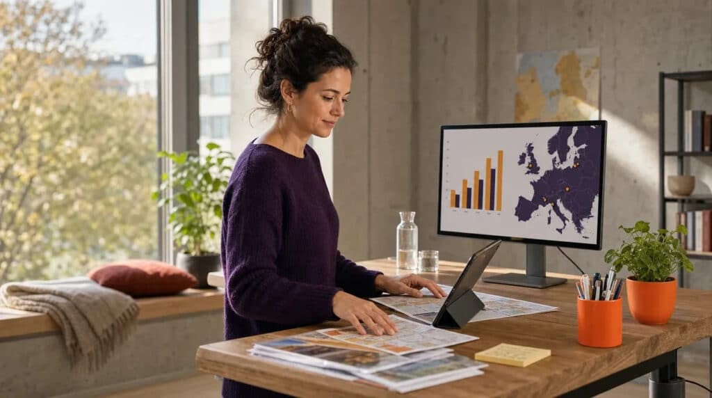 Frau am Stehschreibtisch mit Tablet, Monitor zeigt Buchungsdiagramm und Landkarte in Orange und Violett.