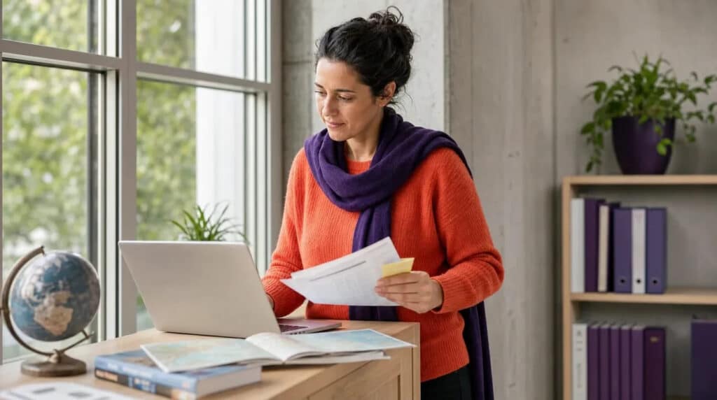 Frau im orangefarbenen Pullover lernt stehend am Laptop mit Landkarte und Globus am Fenster.