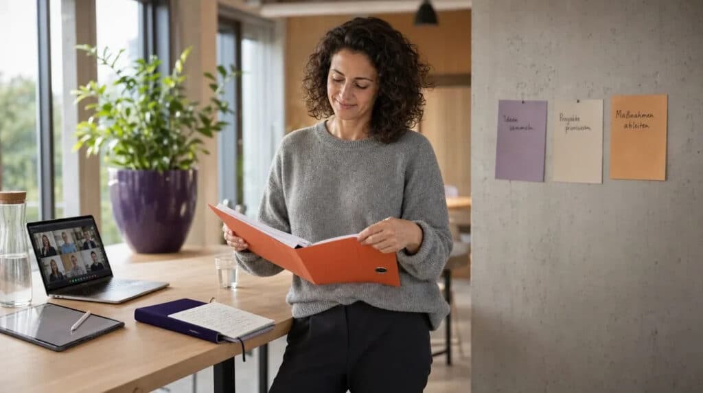 Frau steht am Stehtisch, blättert in orangem Ordner, daneben Laptop, Tablet und Moderationskarten an der Wand.