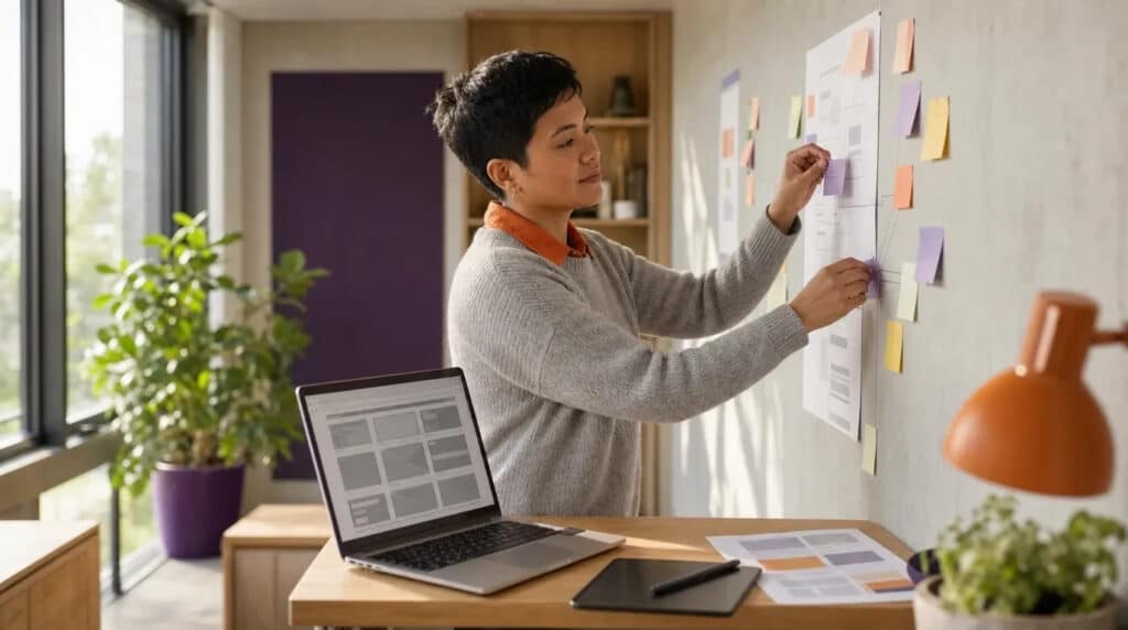 Person am Stehschreibtisch ordnet Klebezettel zu einem Ablaufdiagramm, Laptop mit Wireframe daneben.