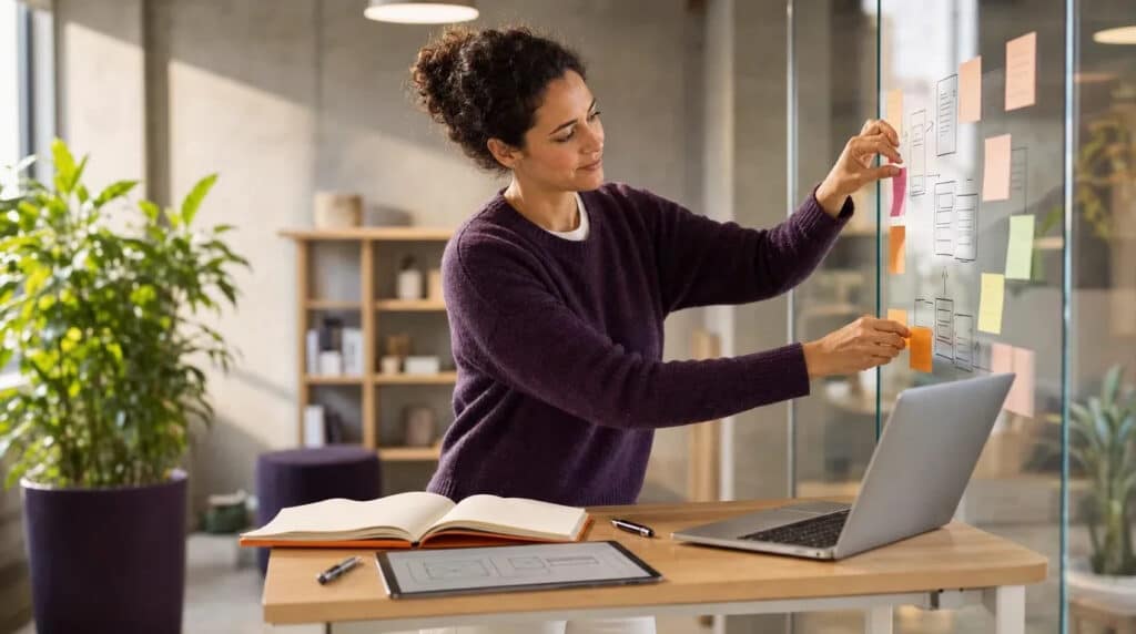 Frau im violetten Pullover ordnet Haftnotizen an einer Glaswand, daneben Tablet mit Wireframes.