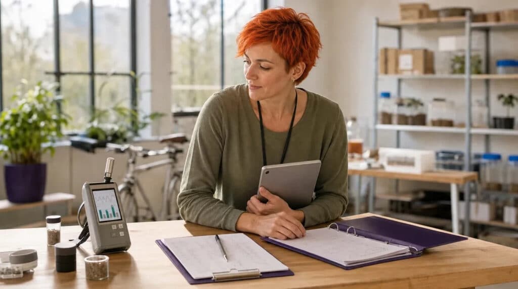 Frau mit orangem Haar prüft an Werkbank mit Tablet und Messgerät Umweltdaten, helles Fensterlicht.