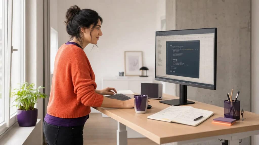 Frau im orangefarbenen Pullover steht am Stehschreibtisch und arbeitet an Tabellen mit Code am Monitor.