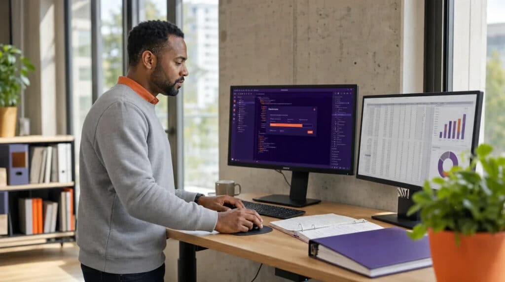 Mann arbeitet am Stehschreibtisch an einem Code-Editor mit Tabelle auf zweitem Monitor.
