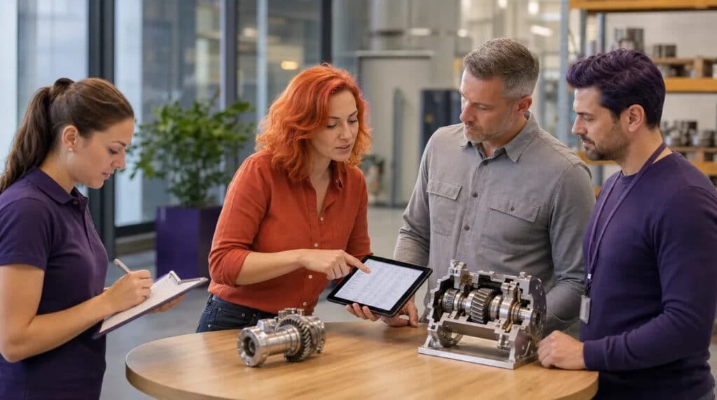 Vier Personen besprechen im hellen Technik-Showroom ein Maschinenbauteil, Frau mit orangem Haar erklärt.