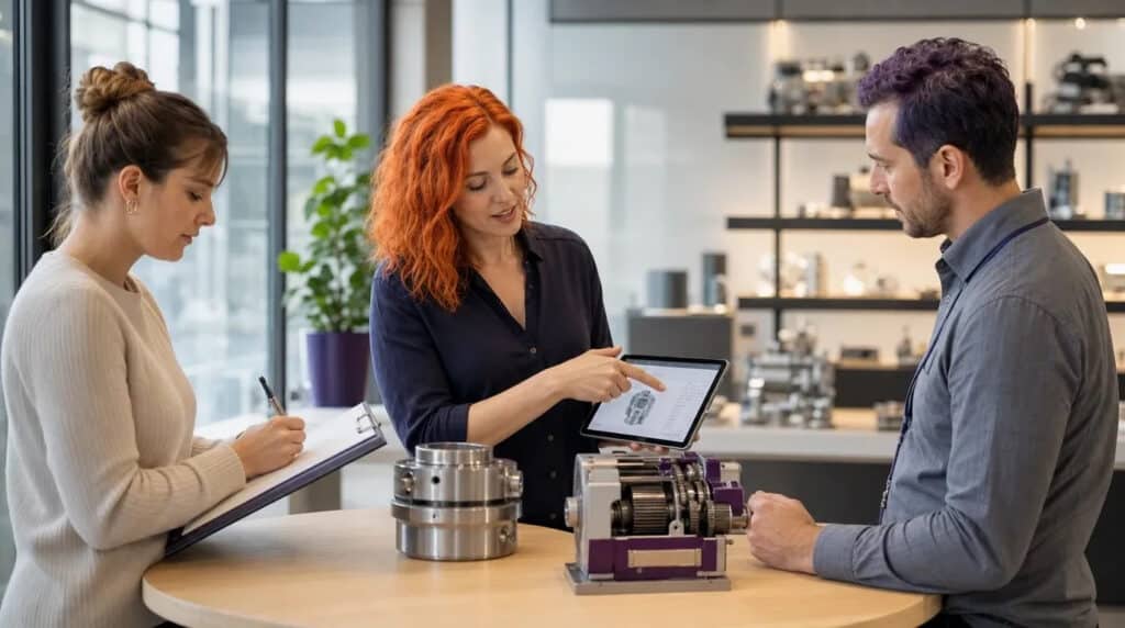 Vier Personen besprechen im hellen Technik-Showroom ein Maschinenbauteil, Frau mit orangem Haar erklärt.