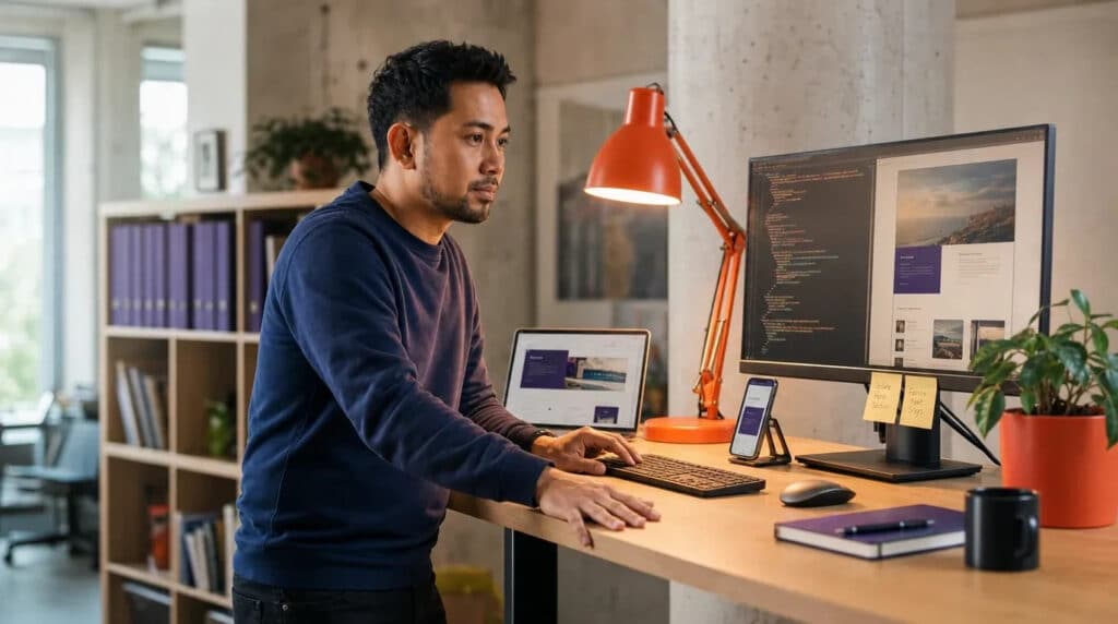 Mann arbeitet im Stehen am Schreibtisch, Code auf dem Monitor, orange Lampe und violette Ordner.