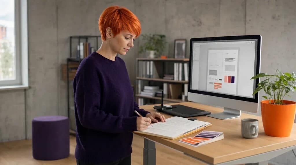 Frau mit orangem Haar skizziert am Stehschreibtisch ein Webseiten-Layout, Monitor zeigt Entwurf.