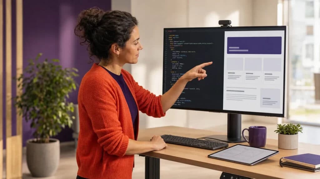 Frau im orangefarbenen Pullover arbeitet am Stehschreibtisch mit Code auf dem Monitor und Layout-Skizze am Tablet.
