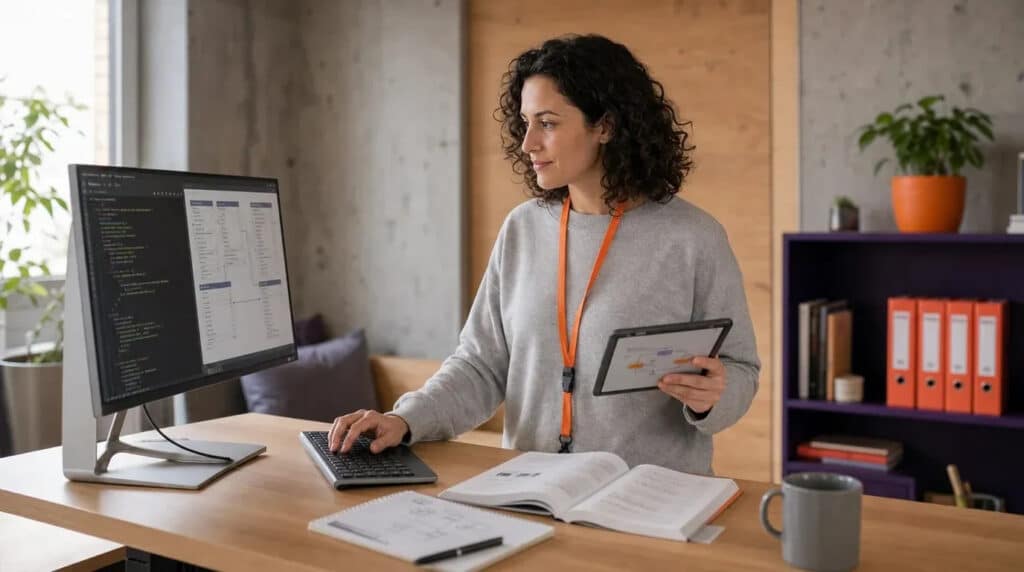 Frau am Stehschreibtisch arbeitet konzentriert mit Tablet und Monitor voller Datenbankschemata.