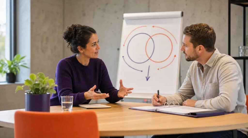Zwei Personen im Gespräch am Tisch, dahinter Flipchart mit orange-violetter Kreisgrafik.