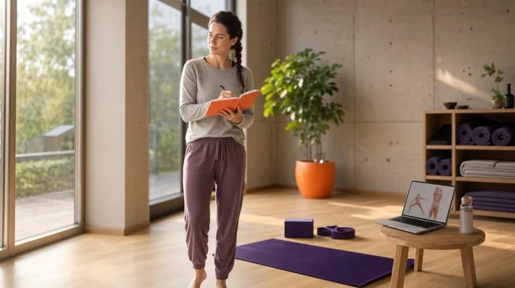 Frau im Yogaraum notiert am Fenster Übungen, orangefarbenes Notizbuch, violette Matte, Laptop auf Hocker.