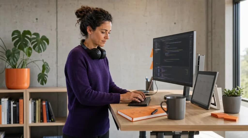 Frau im violetten Pullover programmiert stehend am Schreibtisch, orangefarbenes Notizbuch daneben.