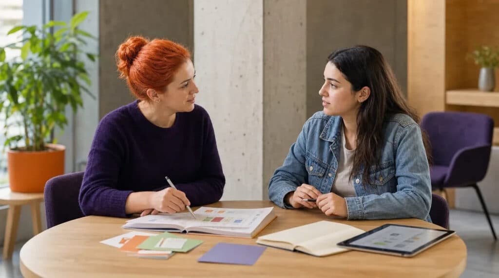 Coachin mit orangefarbenen Haaren erklärt einer jungen Lernenden am Tisch etwas anhand von Lernkarten.